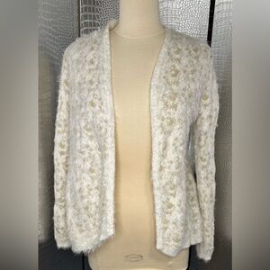 XOXO Fuzzy White and Gold Cardigan. Size Medium. In good condition.